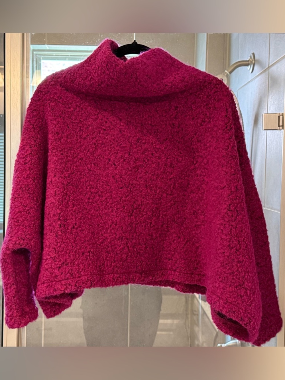 Bryn Walker Cozy Womens Boucle Knit Funnel Neck Cropped Sweater - Berry - Picture 2 of 4